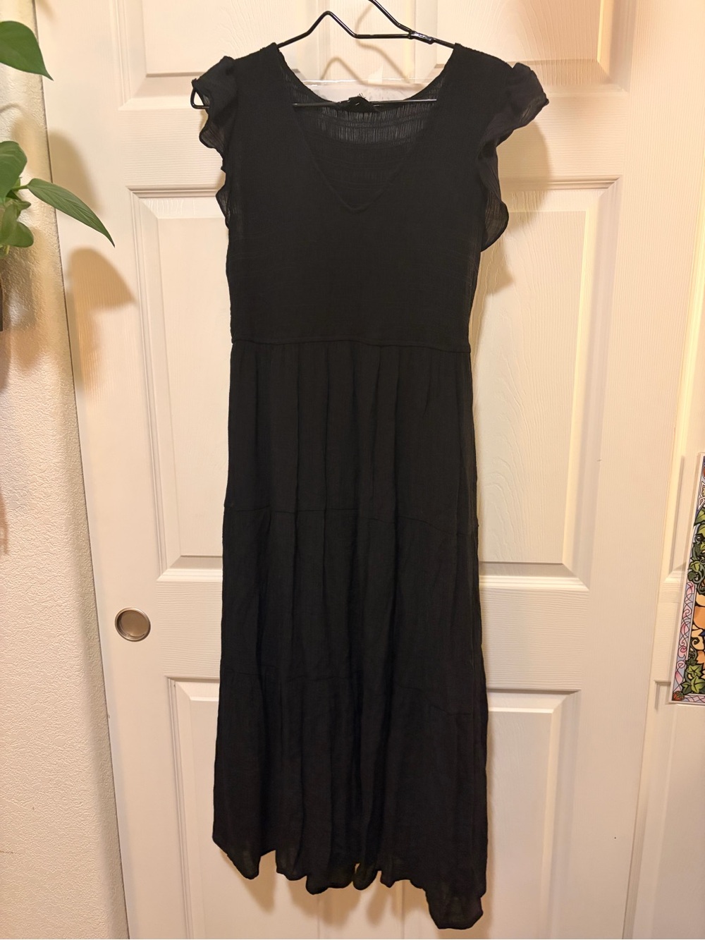 Sweet Wanderer Black Midi Dress with Ruffle Cap Sleeves
